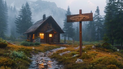 A cozy cabin retreat with a blank signpost pointing to adventure. - obrazy, fototapety, plakaty