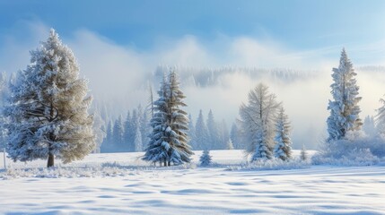 Obraz premium Enchanting winter landscape with trees cloaked in snow, a serene forest adorned in nature's white attire. Ai Generated
