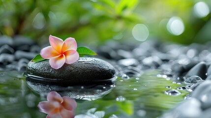 Tranquil wellness design featuring a flower on a water-kissed stone, a serene oasis of beauty. Ai Generated