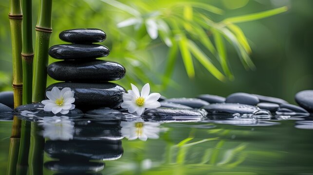 Zen stones form a serene pyramid on water, a symbol of balance and tranquility in nature's embrace. Ai Generated