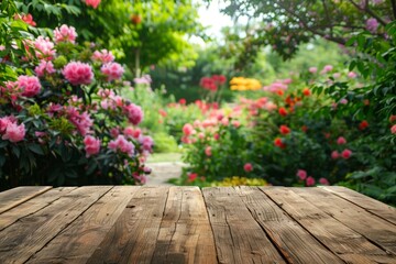 Empty wooden floor flower background. Beautiful and bright green blurred background. And the morning sun - can be used to display or edit your products. High quality photo