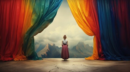 Man pulls curtain to reveal colorful new world, symbolizing discovery & wonder, Ai Generated - obrazy, fototapety, plakaty