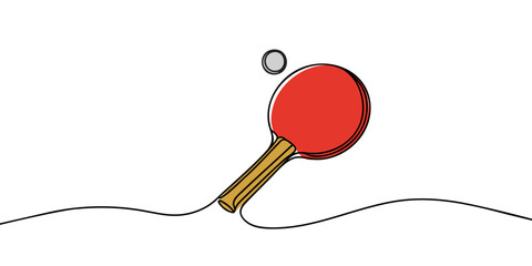 Single continuous line drawing table tennis racket and ball. Ping-pong sport game. Sports equipment. Ping pong racket and ball icon close up isolated on white background. One line draw design vector