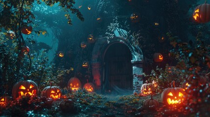 Spooky Halloween background featuring pumpkins and a haunted house, setting the eerie atmosphere,...