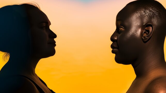 Contrast in Profile: A close-up side profile shot of a thin and a thick individual against a minimalist, gradient background, showcasing the beauty of human diversity through simple, yet powerful