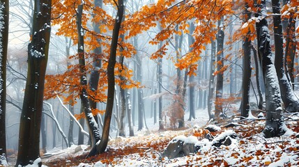 October mountain beech forest with first winter snow - obrazy, fototapety, plakaty