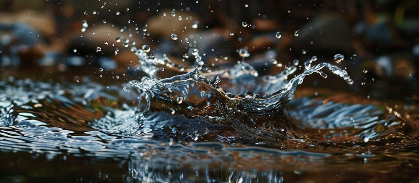 A water splash close up with a leaf in the background