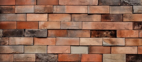 Detailed view of a textured brick wall featuring shades of red and brown in a close-up shot