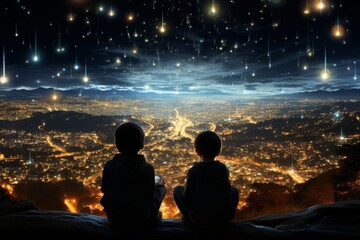 Two boys watching night cityscape with bright lights and falling stars from high hill