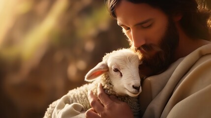 Jesus Christ holding a little lamb of Easter holiday concept - obrazy, fototapety, plakaty