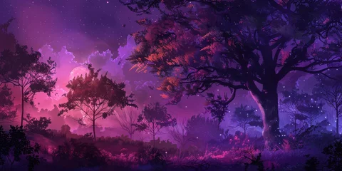 Fotobehang Surreal illustration of a forest at twilight, trees in various shades of burgundy under a deep violet sky, mysterious atmosphere, ethereal lighting © Odesza