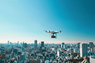 Fototapeta na wymiar Drone delivering package in cityscape