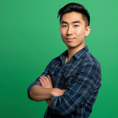Fototapeta premium lifestyle photo Happy, arms crossed and portrait of man on green screen for confident, fashion and elegant Asian American.