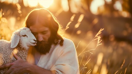 Jesus Christ holding a little lamb of Easter holiday concept