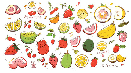 Fruit set. Hand-drawn different cartoon fruits. Doo
