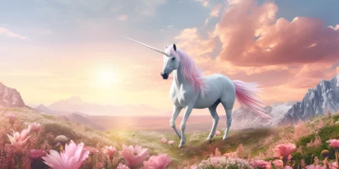 Fototapeten Unicorn with pink mane and long mane standing in a field of flowers  , Unicorn standing on a mountain with a beautiful sky background and wallpaper Magical unicorn full of colors and so many details   © Hamida