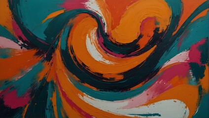 An abstract expressionist painting, swirling with bold strokes of tangerine orange, deep teal, and hot pink Generative AI