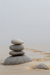 Fototapeta na wymiar Minimalist, abstract background, A stack of rocks balancing on top of a sandy beach, serene calm peaceful Zen atmosphere, wallpaper