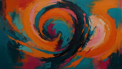 An abstract expressionist painting, swirling with bold strokes of tangerine orange, deep teal, and hot pink Generative AI