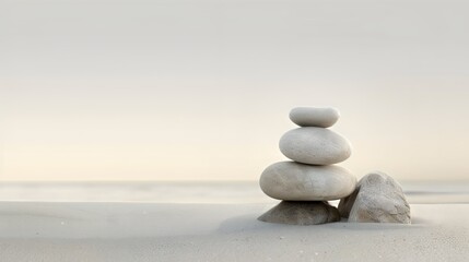 Fototapeta na wymiar Minimalist, abstract background, A stack of rocks rests atop the sandy beach, serene calm peaceful Zen atmosphere, wallpaper