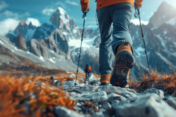 Hiking boots on the edge of a cliff with a mountain view - obrazy, fototapety, plakaty