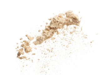 Seasoning powder explosion flying, Beige brown seasoning powder wave floating fall down in air. Seasoning powder is element material. Eyeshadow crush for make up artist. White background Isolated
