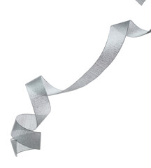 Gray ribbon long straight fly in air with curve roll shiny. Gray ribbon for present gift birthday party to wrap around decorate and make of textile cloth long straight. White background isolated