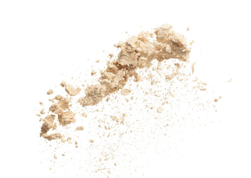 Seasoning powder explosion flying, Beige brown seasoning powder wave floating fall down in air. Seasoning powder is element material. Eyeshadow crush for make up artist. White background Isolated