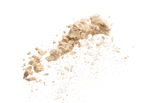 Seasoning powder explosion flying, Beige brown seasoning powder wave floating fall down in air. Seasoning powder is element material. Eyeshadow crush for make up artist. White background Isolated