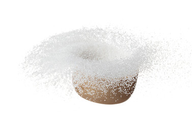 Pure refined Sugar in wooden bowl flying spinning, white crystal sugar fall abstract fly. Pure refined sugar swirl in air, food object design. white background isolated high speed freeze motion