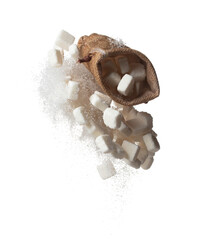 Sugar Cube in sack bag flying explosion, white crystal sugar fall abstract fly. Pure refined sugar cubes bag splash in air, food object design. white background isolated high speed freeze motion