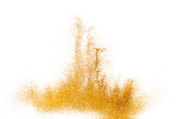Explosion metallic gold glitter sparkle bokeh isolated white background decoration. Golden Glitter powder spark blink celebrate, blur foil part explode in air, fly throw gold glitters particle shape