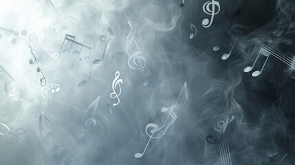 Musical notes: abstract photo of floating musical notes evaporating in a plume of smoke on a gray background --ar 16:9 --quality 0.5 --stylize 0 Job ID: 4ec39b62-bc77-450a-845e-de9cec3f6785 - obrazy, fototapety, plakaty