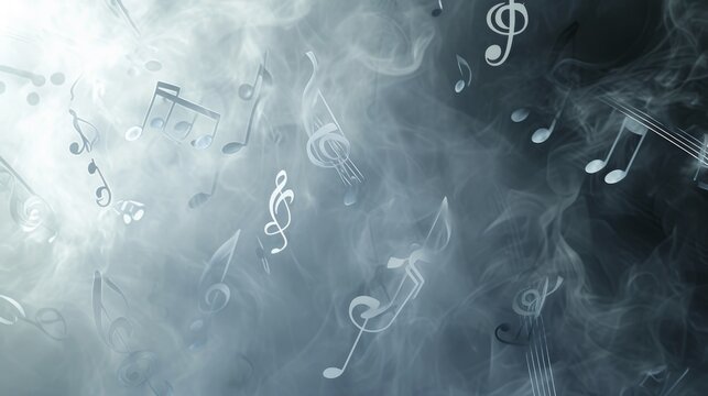 Musical notes: abstract photo of floating musical notes evaporating in a plume of smoke on a gray background --ar 16:9 --quality 0.5 --stylize 0 Job ID: 4ec39b62-bc77-450a-845e-de9cec3f6785