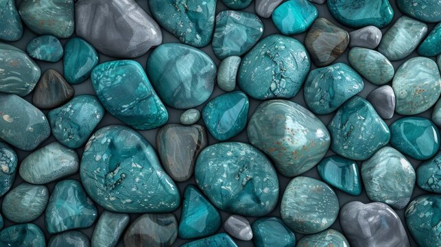 Beach pebbles. Blue, green and turquoise toned stones. Beautiful nature background image on black. Layer of pretty aesthetic rocks. Creativity with natural objects. Creative art design project idea