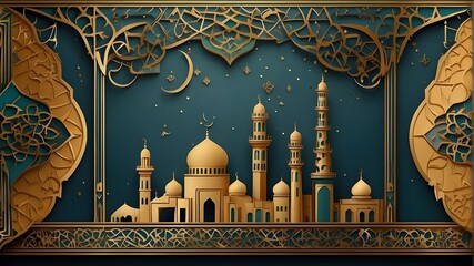 Islamic geometric motifs with a golden linear theme for Eid ul Fitr and Eid ul Adha backdrops - obrazy, fototapety, plakaty