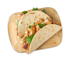 Delicious tacos with meat and parsley isolated on white, top view