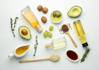 Vegetable fats. Different oils in glass bottles and ingredients on white table, flat lay