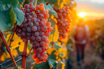 Focused close-up of a bunch of grapes in a vineyard at sunset