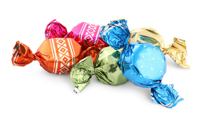 Sweet candies in colorful wrappers on white background - obrazy, fototapety, plakaty