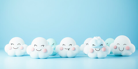Five smiling cartoon cloud characters with different expressions on a soft blue background. Cute, whimsical, and cheerful design.