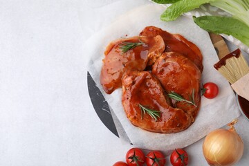 Flat lay composition with raw marinated meat, products and basting brush on light table. Space for...
