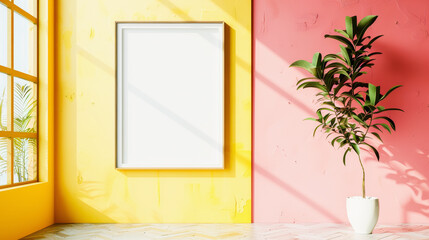 A bright room with a blank picture frame on a pink wall, sunlight, a yellow window, and a potted plant.