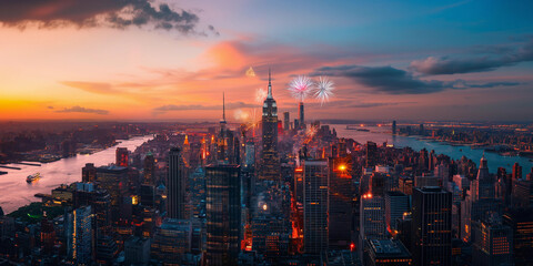 New York Manhattan panorama with America USA flag, vanilla sky lots of fireworks at sunset. 4 July...