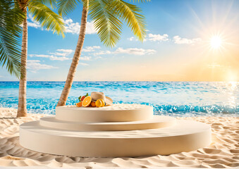 Obraz premium Beach podium background product summer sand display stand sea cosmetic