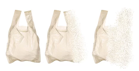  Transparent disposable bag vanishing on white background, set. Plastic decomposition © New Africa