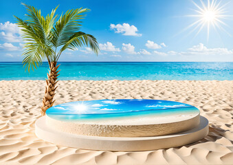 Fototapeta na wymiar Beach podium background product summer sand display stand sea cosmetic