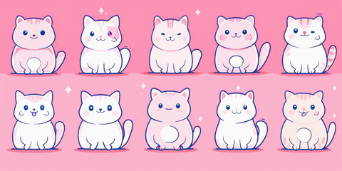 Illustration featuring cute, stylized cartoon cats in various poses on a pink background.
