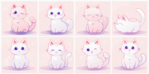 Eight illustrations of cute, stylized cartoon cats in various adorable poses and expressions on a purple background.