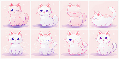 Eight illustrations of cute, stylized cartoon cats in various adorable poses and expressions on a purple background.